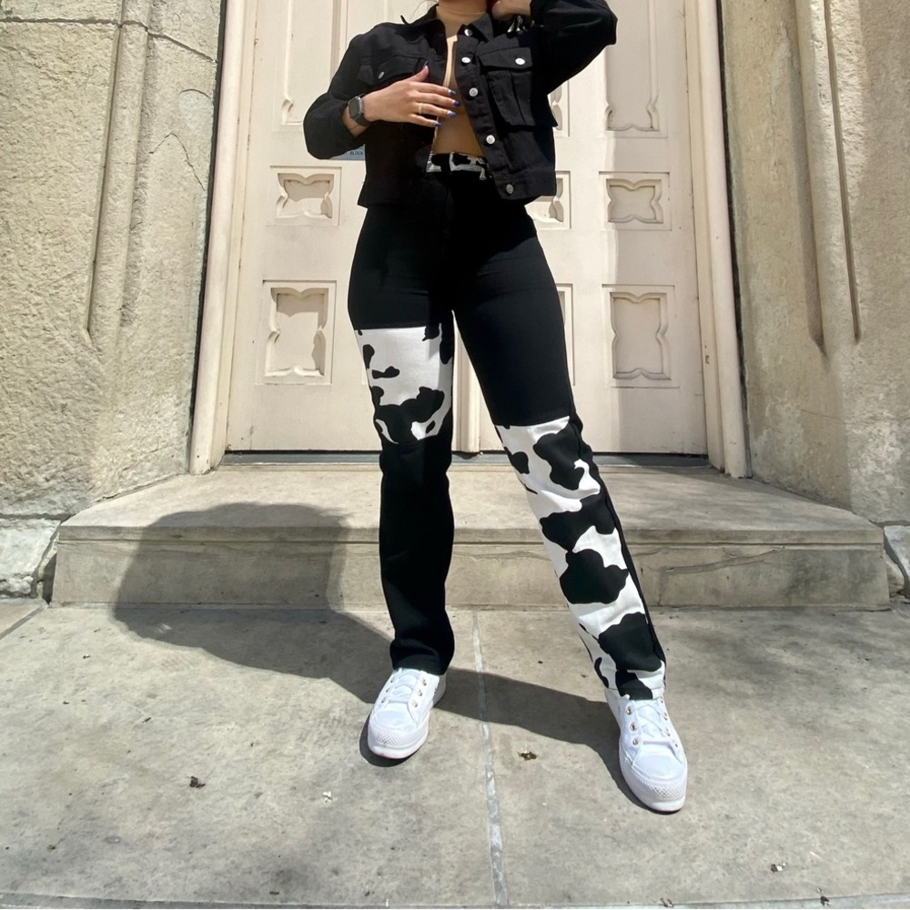 Two tone cow print straight leg bottoms